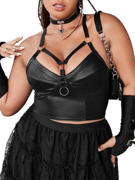 

plus o-ring cut out crisscross back crop cami j97p#, Black