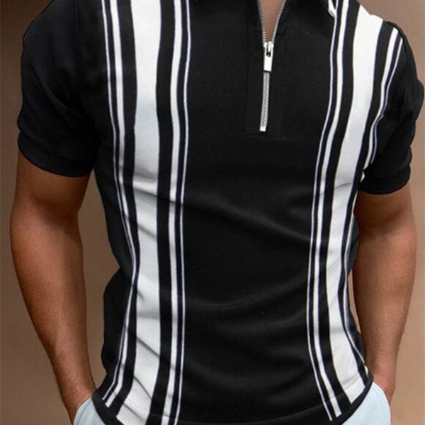 

men polo shirts summer casual fashion short sleeve striped polo s mens turn-down collar zippers tees 220408, White;black