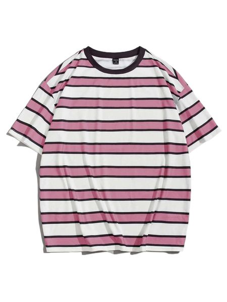 

men drop shoulder striped print contrast binding tee y42n#, White;black