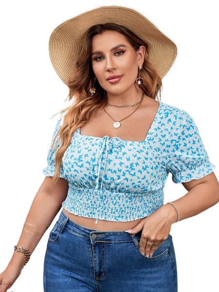 

plus all over butterfly print tie front shirred blouse 33ej#, Black