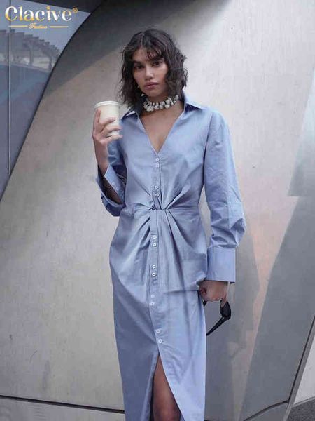 

clacive fashion blue v-neck women's dresses 2022 bodycon long sleeve slit midi dress elegant slim single-breasted female dress t220804, Black;gray