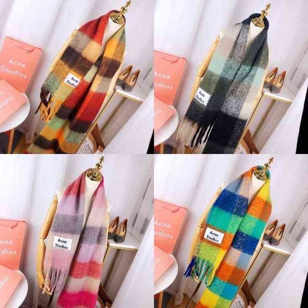 

designer scarf rainbow seahorse wool scarf womens warm thickened shawl versatile plaid scarf red with tassel long, Blue;gray