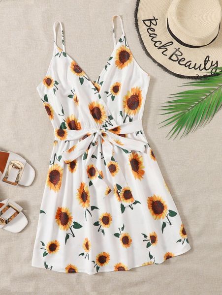 

self belted sunflower print cami dress 00tq#, Black;gray