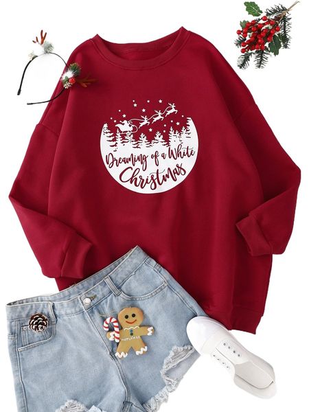 

christmas print oversized sweatshirt 67ki#, Black