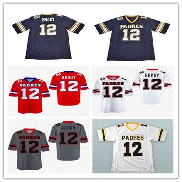 XFLSP Men Vintage Tom Brady #12 средней школы футбольный футболист Junipero Serra Goat Sticthed рубашка темно -синий красный белый микс заказ