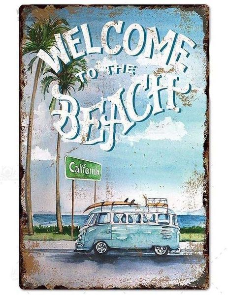 

california surfer welcome to the beach surfing surf van surfboard vintage home bar kitchen restaurant wall deocr plaque signs