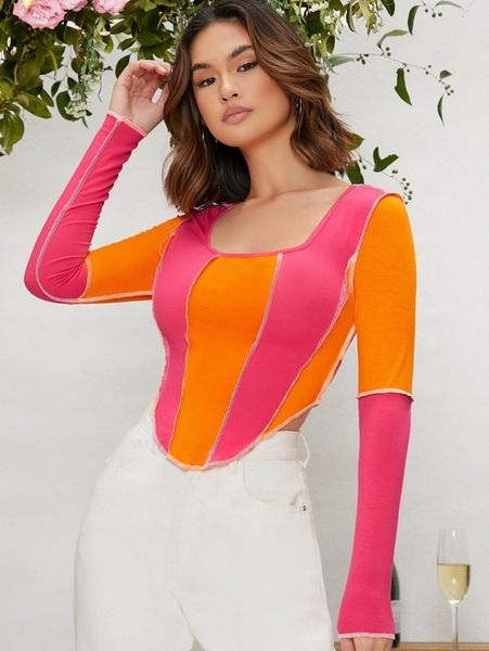 

contrast stitch asymmetrical hem colorblock p16p#, White