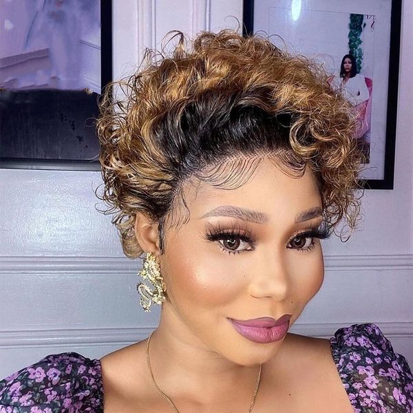 

curl wave 13x1 lace wig short bob pixie cut brazilian remy human hair deep curly lace front wigs for women, Black;brown