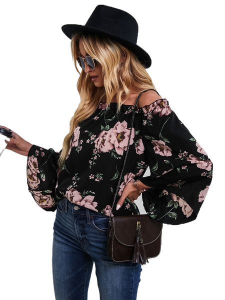 

floral bell sleeve bardot blouse i405#, White