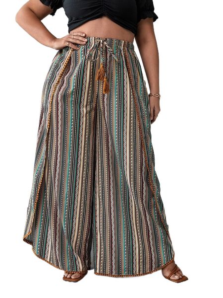 

plus geo print knot front wide leg pants l407#, Black