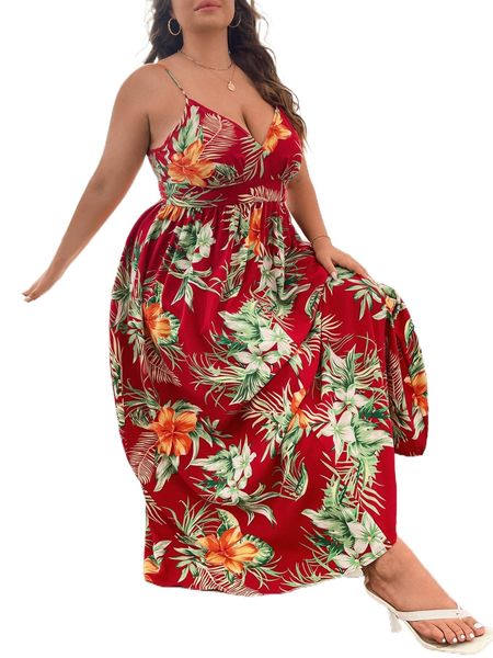 

plus tropical print backless cami dress q7qf#, Black