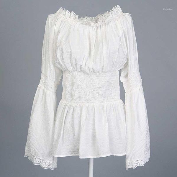 Camicette da donna Camicie Taglie forti Cotone bianco europeo Maniche lunghe in pizzo Camicetta stile gotico sexy Camicia Steampunk Corsetto Burlesque Costume