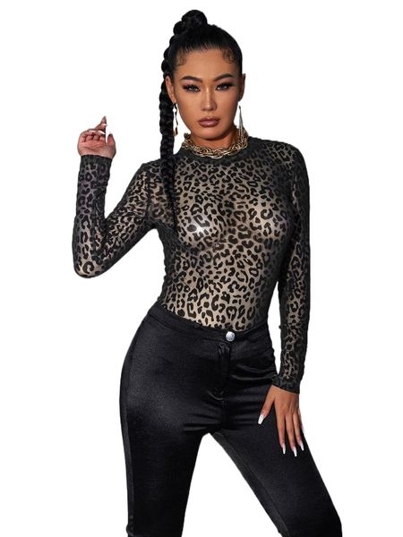 

sxy leopard print sheer fitted form a1bt#, White