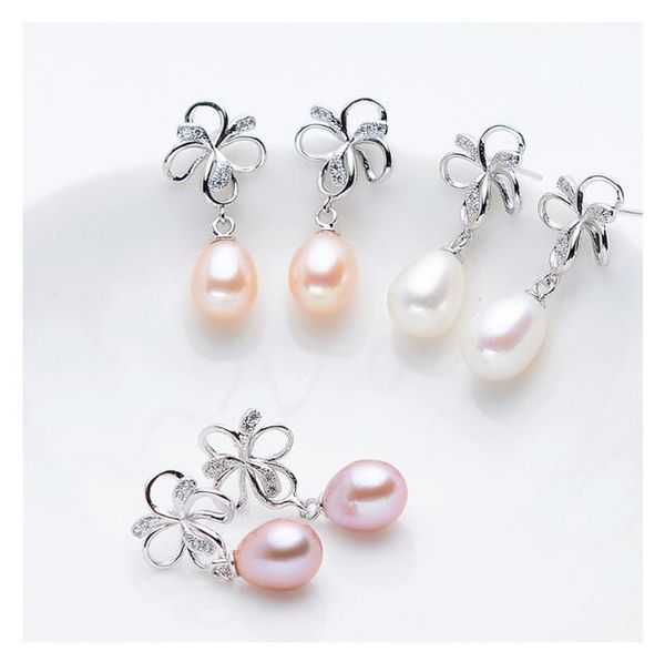 

8-9-10mm flower drop bead ear studs dangle & chandelier natural freshwater pearl earrings white purple pink lady/girl fashion jewelry, Golden;silver