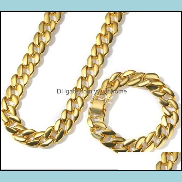 

chains necklaces pendants jewelry yellow white gold plated cuban chain necklace bracelet set for men cool hip hop gift 51 t2, Silver