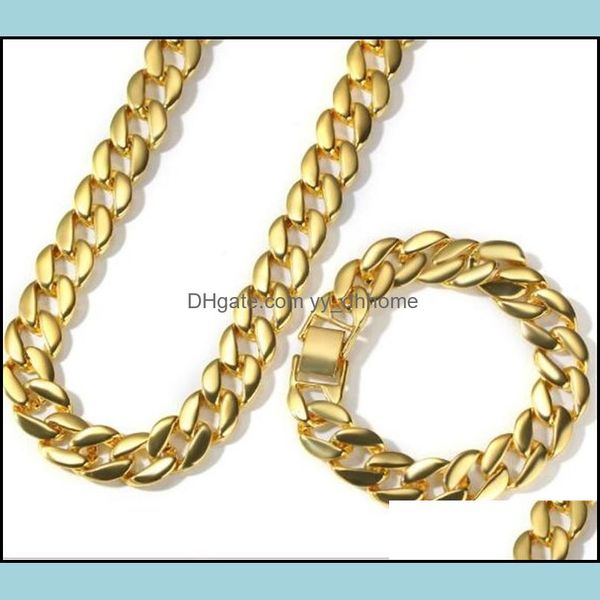 Cadenas Collares Colgantes Joyas Alta calidad Amarillo Blanco Chapado en oro Cadena cubana Collar Pulsera Conjunto para hombres Cool Hip Hop Regalo 51 T2