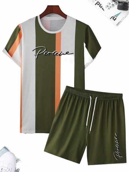 

men letter & color block print tee & drawstring waist shorts f5oj#, Gray