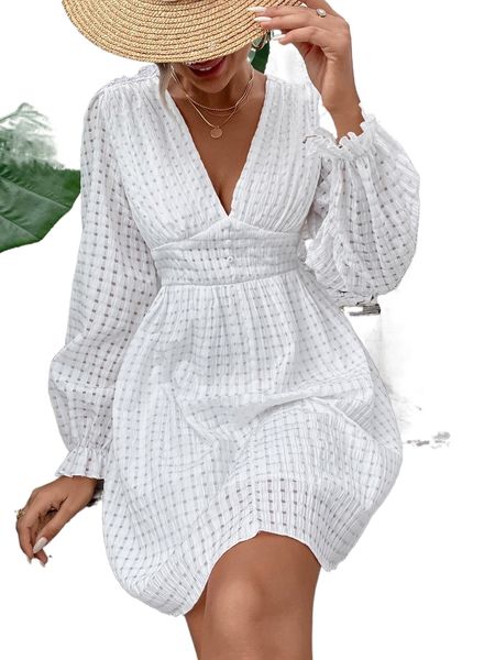 

deep v neck flounce sleeve fake button front dress m456#, Black;gray