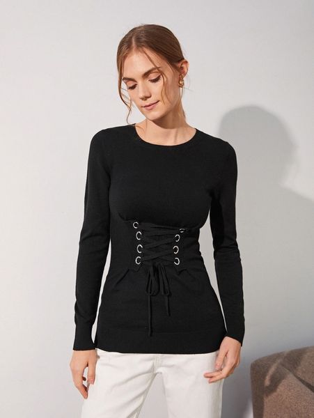 

motf premium wool mix lace-up corset sweater o6lz#, White;black