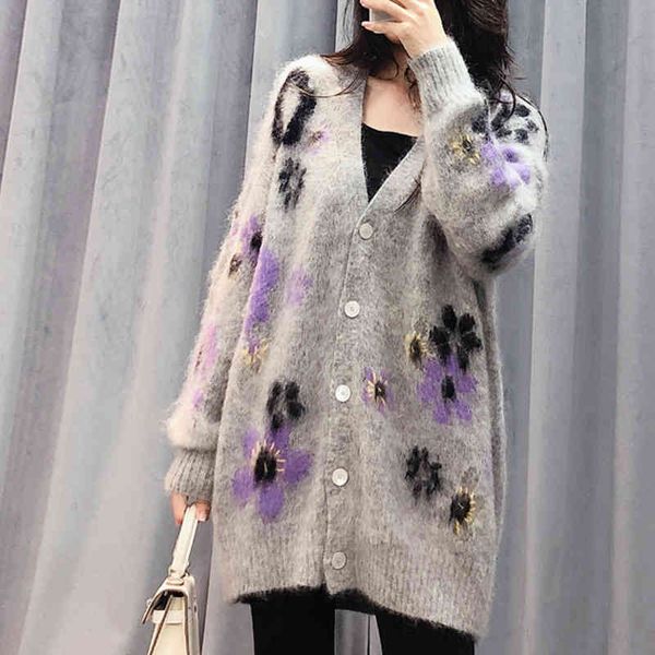 

women's knits & tees early autumn french minority mohair knitted cardigan long sleeved v-neck single breasted contrast embroidered medi, White