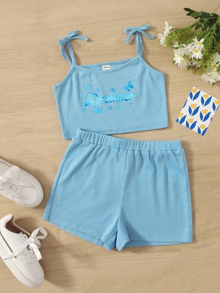 

girls butterfly & letter graphic tie shoulder cami & shorts she, White