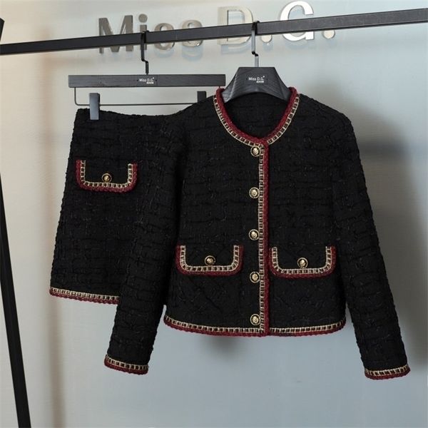 

runway fall winter french brand plaid stripe woolen tweed jacket coat high waist elegant slim skirt suits two piece set 220817, White