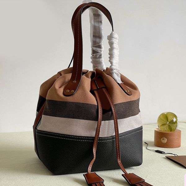 

cowhide canvas bucket bag checkered crossbody handbag jute cotton blended material shoulder strap interior zipper pocket mini totes bags gen