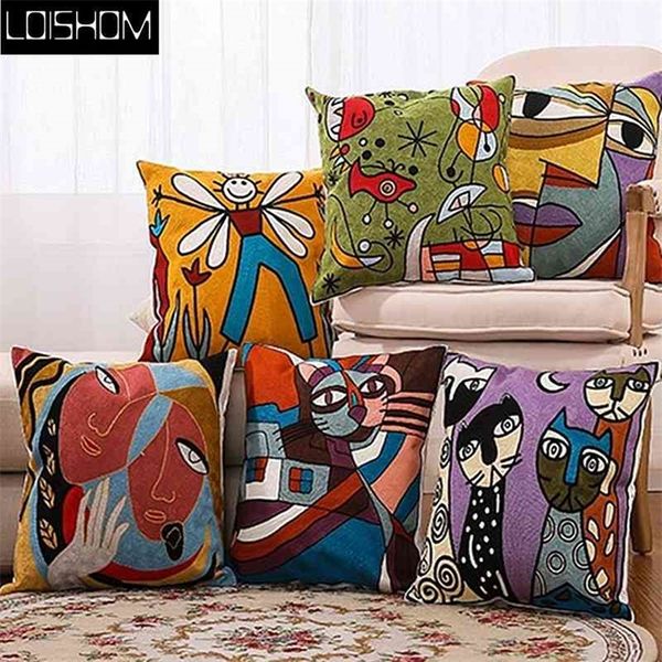 Drop Ship Cotton Canvas Bordado Capa de travesseiro Picasso Capa Decoração Decoração Decoração Caso Decorativo travesseiro Pillow Sham 45cm 210401