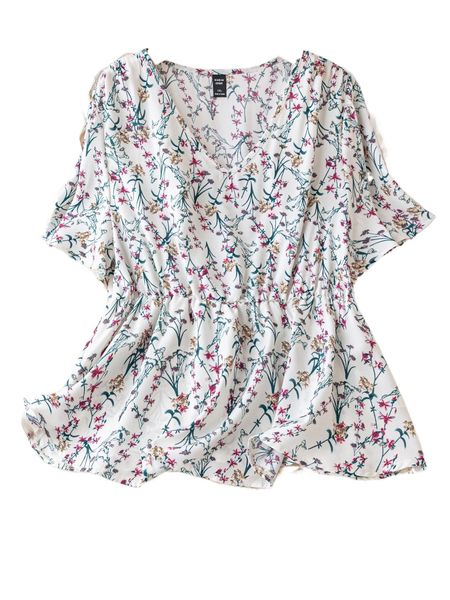 

plus floral print v-neck peplum blouse s2cg#, Black