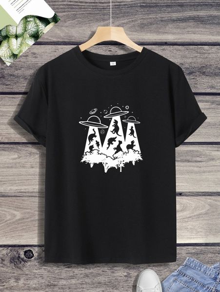 

men spaceship & dinosaur print tee 91ip#, White;black