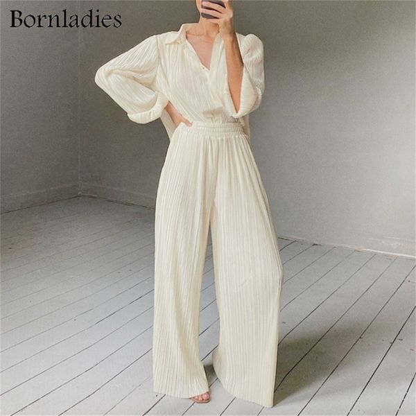 

bornladies pleated wide leg pants sets women elastic high waist ruched palazzo pants loose blouse shirt sets oversized pants 220521, White