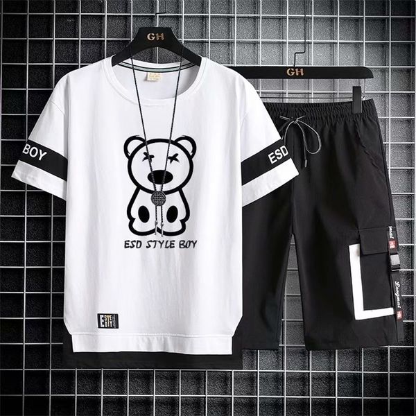 

korean fashion men s sets summer tracksuit print bear t shirts sport shorts suit casual clothing s joggers 220621, Gray