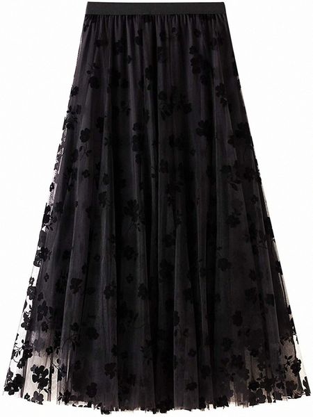 

tutu tulle skirts elastic high waist floral print mesh overlay layered a line midi skirt 371h#, White;black