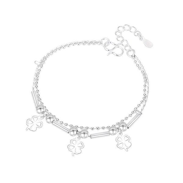 

sterling 925 silver four leaf clover and bell bracelet charm hand chain female original fashion jewelry for gift, Golden;silver