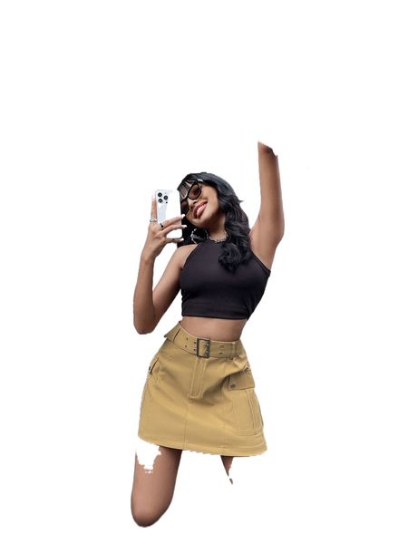 

flap pocket belted cargo skirt w3sc#, Black