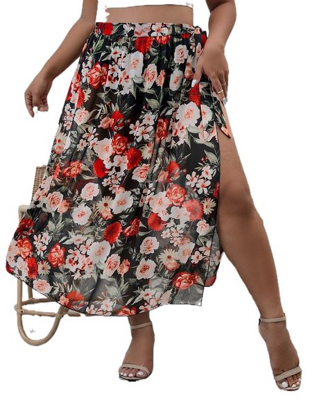 

plus floral print knot side high split chiffon skirt q9yv#, Black
