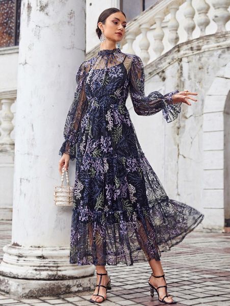 

bell sleeve ruffle trim plants embroidered mesh overlay dress z2is#, Black;gray