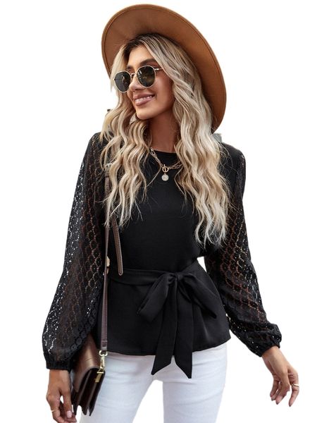 

sheer lace lantern sleeve belted j60s#, White