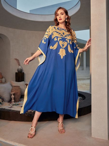 

plus graphic print batwing sleeve contrast trim tunic dress d99h#, Black