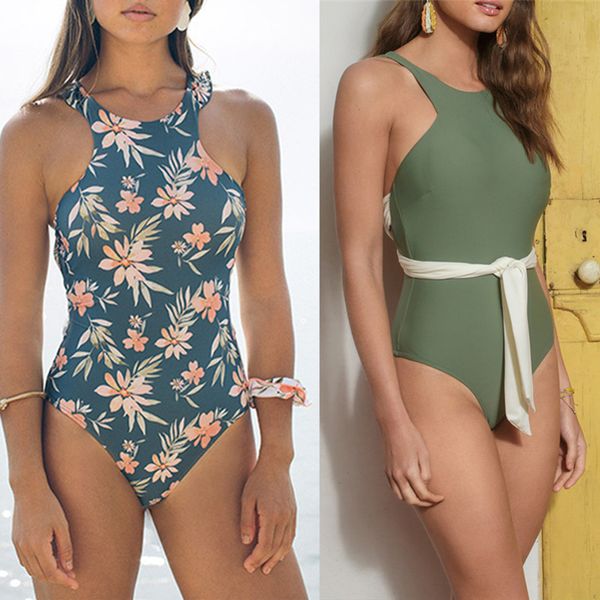 

miyouj bandage swimsuit high neck hollow out print swimwear stripe backless bathing suit women biquini mujer xl y200319, White;black