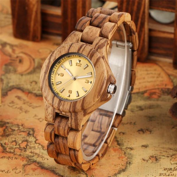 Orologi da polso Orologio da donna con cinturino in legno completo Movimento al quarzo Quadrante giallo alla moda Orologi da donna Orologio da donna casual con cinturino in legno da polso