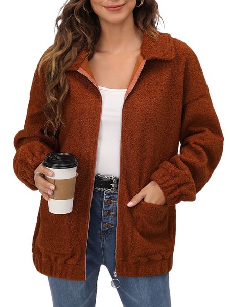 

dual pocket drop shoulder zipper teddy coat q5py#, Black