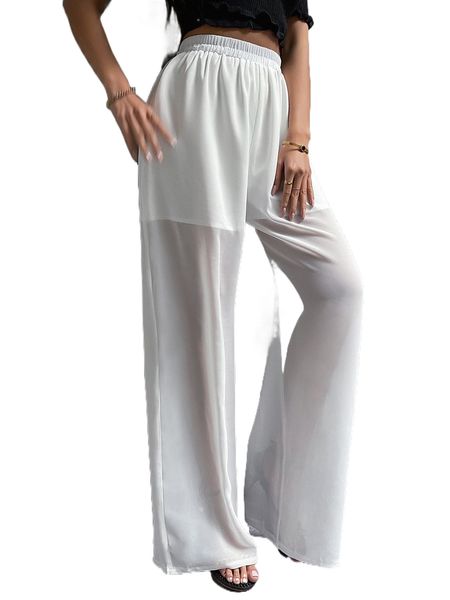 

elastic waist semi sheer pants o1rm#, Black;white