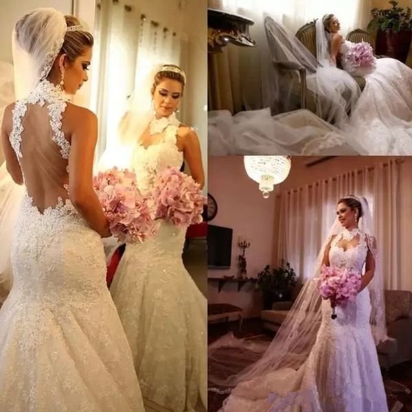 

high neck bridal dress sheer neck lace mermaid wedding dresses backless court train 2022 latest vestidos de noivas, White