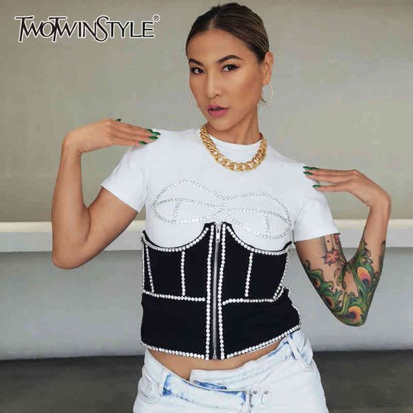 

casual patchwork diamond two piece set for women o neck short sleeve zipper slim vest female sets 210423, White