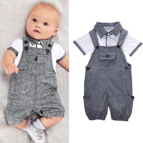 

ins children boys gentleman outfits cotton suspenders 2pcs/set baby casual clothing sets, White