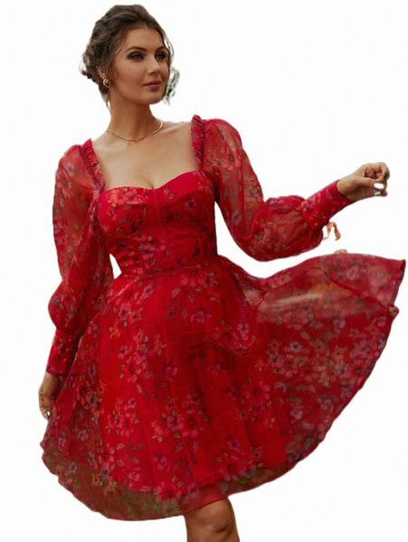 

missord sweetheart neck lantern sleeve floral mesh dress d74a#, Black;gray