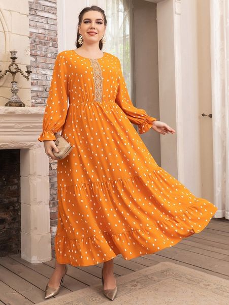 

plus water-drop print lace detail flounce sleeve ruffle hem dress 53k2#, Black