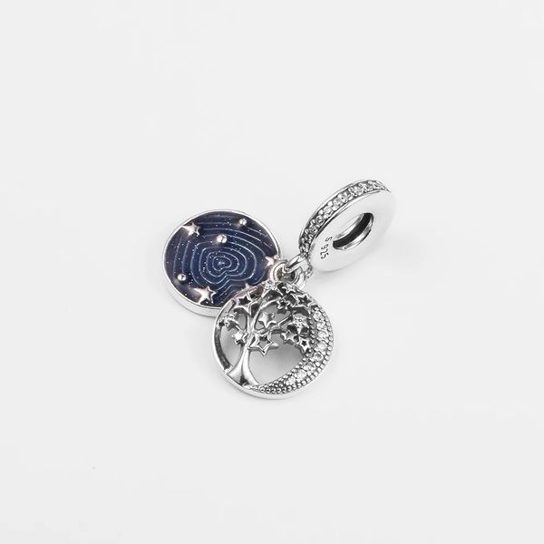 

christmas silver 925 jewelry double dangle tree galaxy moon charms bead fit pandora s925 sterling bracelet making diy for women gift accesso, Black
