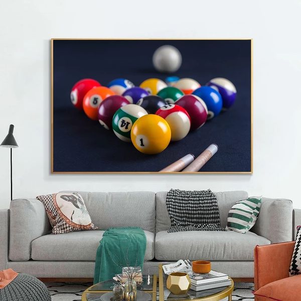 Tavolo da biliardo blu con palline Poster Quadro su tela Poster e stampe Sport Wall Art Immagine moderna Living Room Decor Cuadros